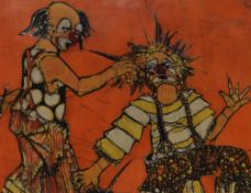Jan Huntley (20th Century), batik print, 'Incarnadine', a striking portrayal of two clowns, framed