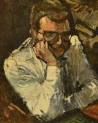 John Cooke (1929-2018, British), oils on canvas, Two half length portraits of a gentleman in a white