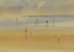 20th Century School, watercolour, A coastal landscape with figures paddling, signed to the lower