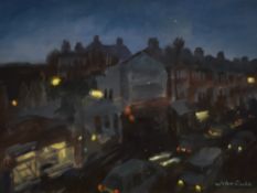 John Cooke (1929-2018, British), watercolour/gouache, A busy street scene at night, signed to the