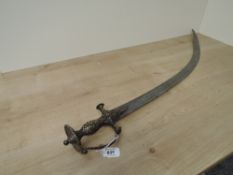 An Indian Sword (Talwar) approx 1800 with disk pommel, knuckle guard, curved blade, no scabbard,