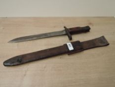 A Canadian Ross Rifle Bayonet 1912 pattern, unmodified with leather scabbard, made by Ross Rifle