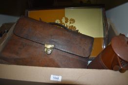 A vintage leather attaché case AF, a vintage 1960's/70's wooden glazed tray, a large blue and