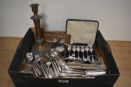 A boxed set of six plated teaspoons and a small carton of assorted flatware and cutlery etc.