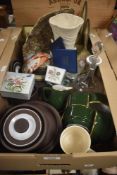 A miscellaneous collection of items including a dressing table set with embroidered back having