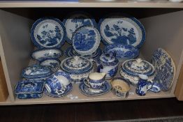 A large collection of blue and white ware including a Copeland Spode 'Italian' dish and quiche dish,