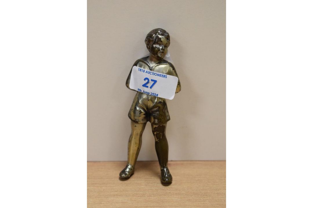 A 1930's cast and chromium plated metal study of a young boy, some wear to plating, once attached to