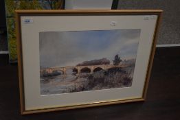 Clive Wylie (20th Century, British), watercolour, The picturesque stone arched bridge at