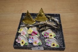 Six Denton porcelain flower arrangement form place card/setting stands , a small collection of chro