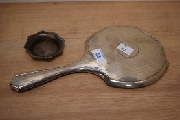 An early 20th Century silver hallmarked dressing table mirror and commemorative pin dish measuring