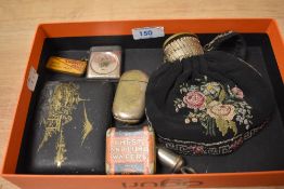 An embroidered expansion purse, two vesta case, whistle, Japanese inlaid cigarette case and two