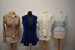 Two 1950s blouses, a 1950s cardigan (some historic moth damage) and a velvet waistcoat with label