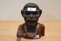 A vintage cast metal jolly gent mechanical money box, lacking base plate.