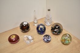 A 20th Century Selkirk art glass dump paperweight, with multi-coloured swirl design, measuring