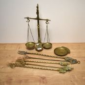 A set of Victorian brass butcher's shop scales with weights, measuring 40cm tall, a vintage pocket