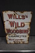A vintage enamel sign, 'Wills Wild Woodbine Cigarettes, More Popular Than Ever'. Measuring approx