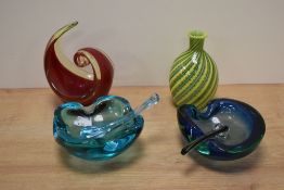 A selection of 20th Century coloured art glassware, to include a pair of stylish pestles and mortars
