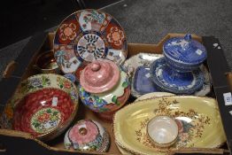 A box of assorted Maling ware including two pieces in blue and white pattern and a Japenese Imari