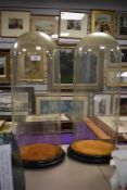 A pair of late 19th early 20th large class domes with wooden bases, one having damage to the glass