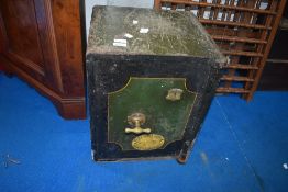 A vintage metal safe, with key, dimensions approx. 40 x 39 x 81cm