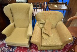 Two Art Deco Chartreuse green brocade armchairs, one of winged back design.
