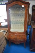 A vintage French style vitrine display cabinet with quilted interior, dimensions approx. H182 W70