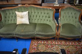 A French style three piece lounge suite , sold as decorative prop piece
