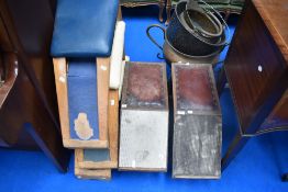 Three vintage shoe fitting stools, labelled for Clarks on reverse