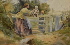 19th/20th Century School, watercolours and gouache, A painting lady walking along a woodland