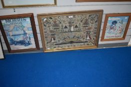 A modern coloured print of a 18th century polychrome pictorial needlework sampler, worked by Mary