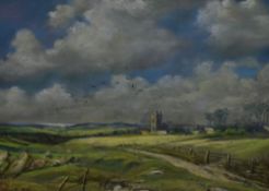 Walter Pip Phillips (20th Century, British), pastel, A countryside landscape with church and sea