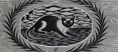 20th Century, monochrome print, A woodcut of a prowling cat, measuring 15cm x 24cm overall, and