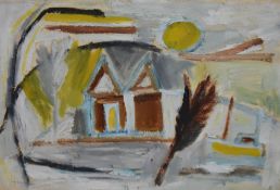 Patrick Hayman (1915-1988, British), oil on paper, 'Cornish Landscape with Tree and Boat' (1954),