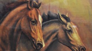 20th Century Continental School, 'de Grieux', coloured print, A close up of two galloping chestnut
