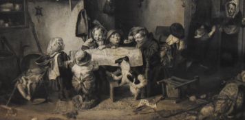 19th Century School, monochrome print, An interior scene with children, framed, mounted, and under