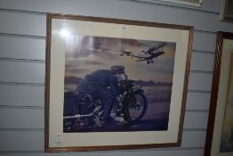 20th Century, coloured print, A World War scene depicting man on motorcycle, framed, mounted, and