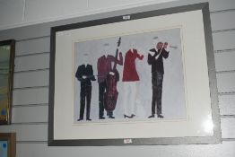 After Annora Spence (b.1963, British), coloured print, Four Musicians, framed, mounted, and under