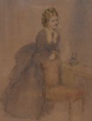 19th/20th Century School, watercolour, A pensive lady resting on a chair, signed indistinctly to the