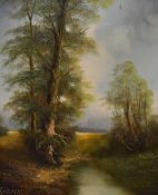 Wilhelm Koenig (20th Century, Austrian), oil on board, A woodland scene with stream to the centre,