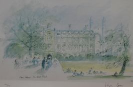After Sir Hugh Casson PRA (1910-1999), two coloured prints, 'Clare College, Cambridge, The West