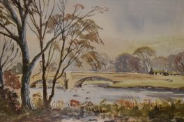 20th Century School, watercolour, Embsay, near Skipton, Yorkshire, a stone arched bridge with river,