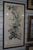 20th Century Chinese School, pen wash, Chrysanthemums and exotic bird, framed, within a silk