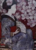 20th Century Japanese School, coloured print, A seated Geisha girl with fan, framed and under glass,