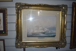 20th Century, coloured print, A clipper boat at sea, framed, mounted, and under glass, measuring