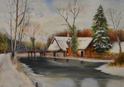 M.Williams (20th Century), oil on board, A winter landscape with cottage beside a river, signed to