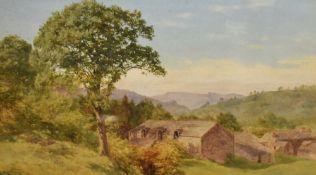 19th Century British School, watercolour, A farmstead within a green countryside setting, initials