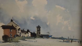 After John Tookey (20th Century, British), coloured print, A coastal landscape with boats and