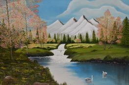 'Tom T.' (20th Century), oil on board, A picturesque landscape depicting an idyllic river with snowy
