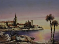 20th Century Continental School, oil on canvas, A Mediterranean landscape at low light, displayed