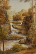 T.Baybut (20th Century), watercolour, An idyllic, autumnal waterfall depiction, signed to the
